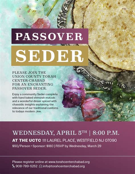 Apr 5 Union County Torah Center Chabad Community Seder Open To The