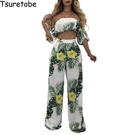 tsuretobe fashion casual floral print beach 2 piece set women crop tops and pants set summer