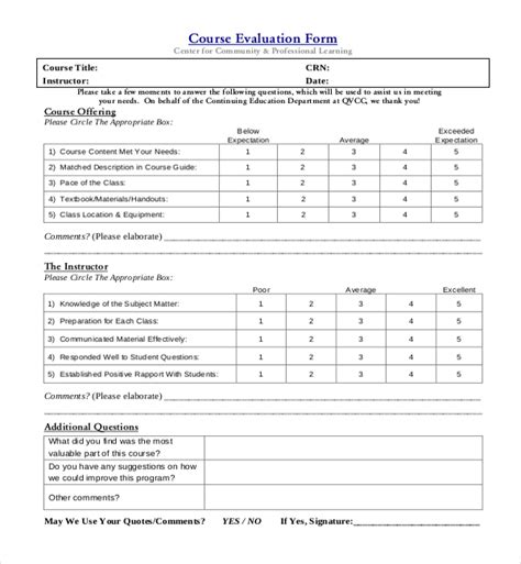 Free 25 Sample Course Evaluation Forms In Pdf Word Excel