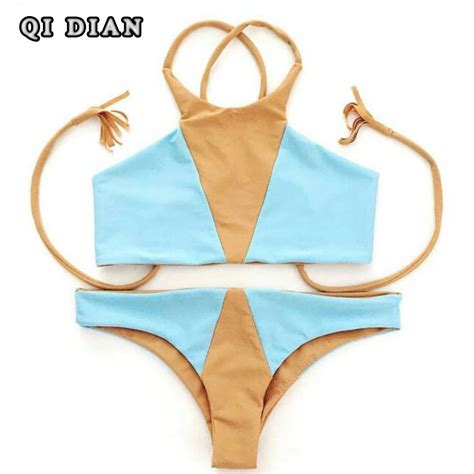 Qi Dian Sexy Women Bikinis 2017 High Neck Push Up Bikini Set Swimwear Female Slim Splice
