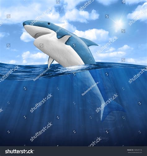 With little notice a small great white breaches the water's surface, flapping wildly in the air as it steals yet another fish from the line. 3d Shark Jumping Out Of Water Stock Photo 100529116 ...