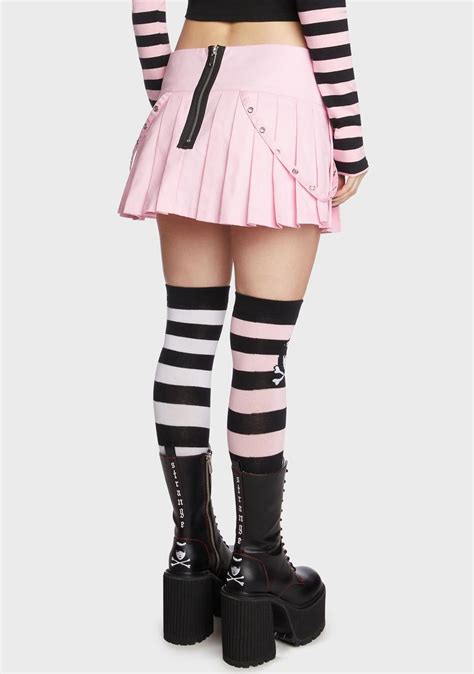 Dolls Kill X Emily The Strange Pleated Cat Crossbone Mini Skirt Pink