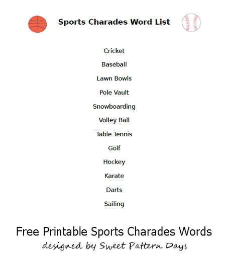 Sports Charades Word List Activity Printables Pinterest Charades