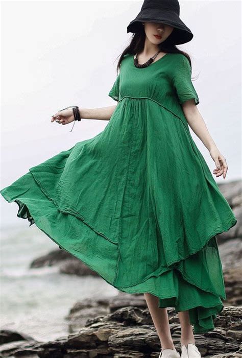 Unique Green Cotton Linen Dresses O Neck Asymmetric Kaftan Summer