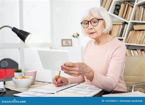 Pleasant Senior Woman Recording Lecture Stock Photo Image Of