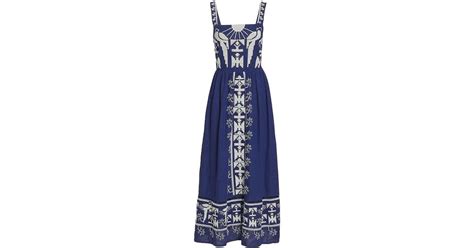 Farm Rio Linen Navy Macaw Embroidered Maxi Dress In Navy Blue Blue Lyst