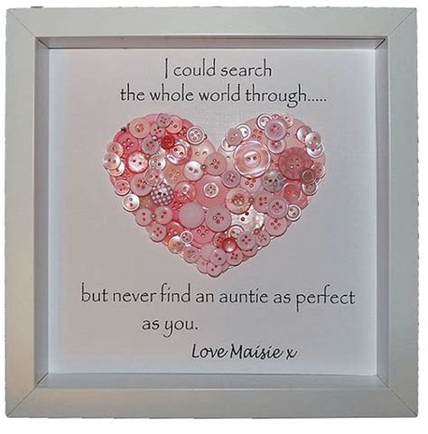 Personalised Auntie Gift Button Heart Art For Aunties With Quote