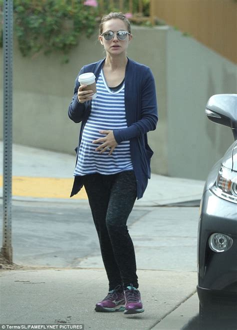 Pregnant Natalie Portman Sports Stripy Top And Black Leggings In La