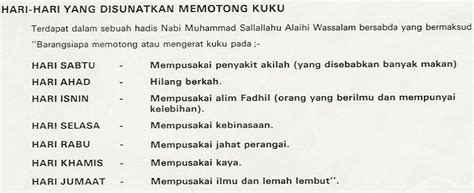 Boleh atau tidaknya potong kuku dan rambut bagi individu yang ingin berqurban hewan ternak memang masih menjadi perdebatan sebab berhubungan artinya, apabila sepuluh hari pertama dzulhijjah telah masuk dan individu di antara kamu hendak berqurban hewan ternak, maka janganlah. AWIEN HERITAGE: Hari2 yang disunatkan memotong kuku