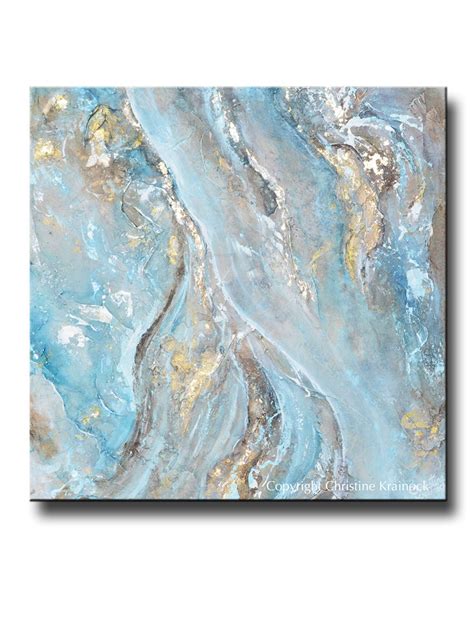 Original Art Blue White Navy Abstract Painting Gold Leaf