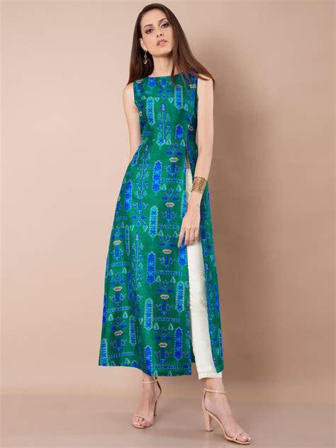 Buy Indya Women Blue And Green Printed A Line Silk Kurta Apparel For
