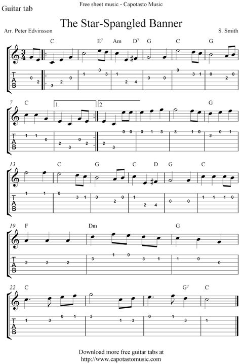 Playing the acoustic guitar isn't all about fingerpicking, you know! The Star-Spangled Banner, free guitar tablature sheet music notes for beginners | Guitar tabs ...