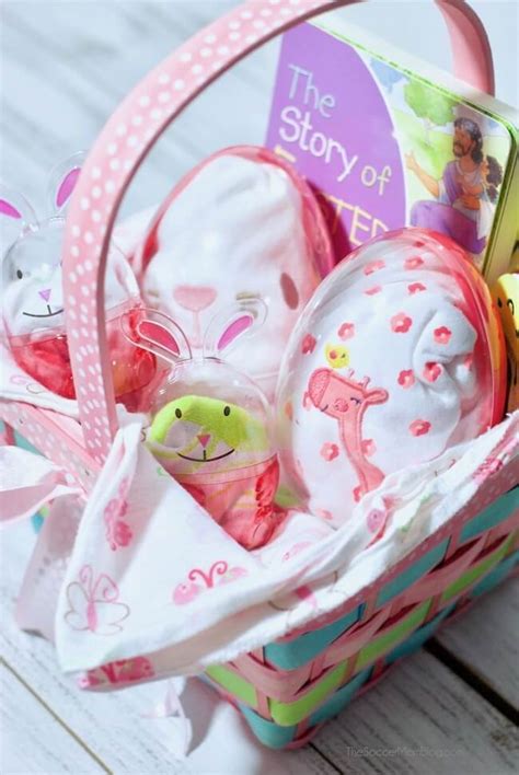 Basket is filled with the following: The Best Baby Easter Basket Ideas - Both Cute AND Useful!