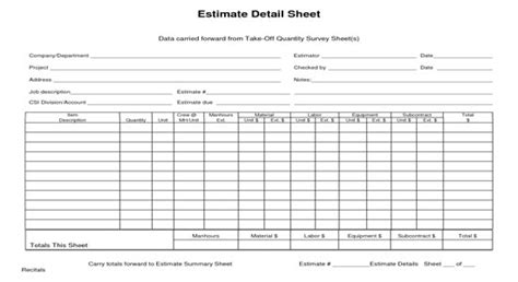 data carried   takeoff quantity survey sheet