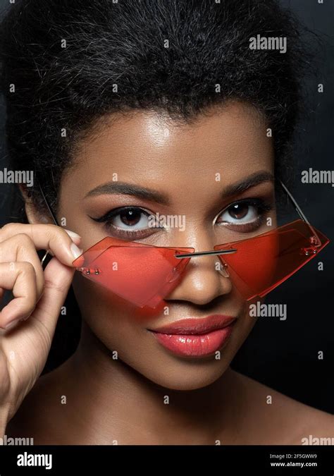 Young Beautiful Black Woman Wearing Red Sunglasses Stock Photo Alamy
