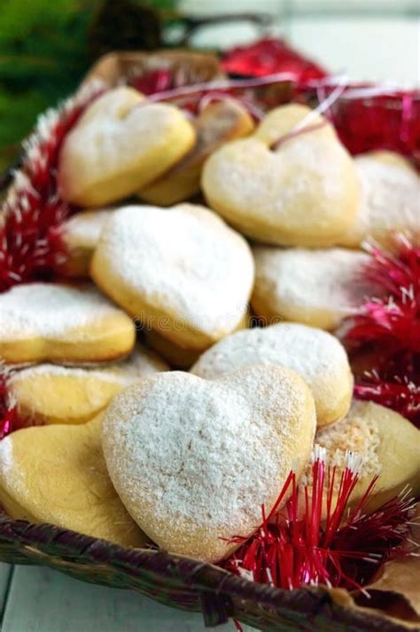 Christmas Cookies In Heart Shaped Decoration With Powdered Sugar Stock
