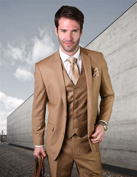 Statement Stzv 100 3pc 2 Button Solid Color Caramel Mens Suit With A