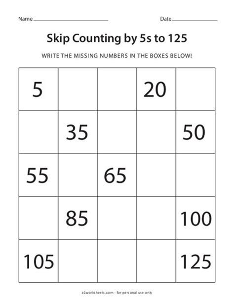 Counting To 125 Missing Numbers Worksheets