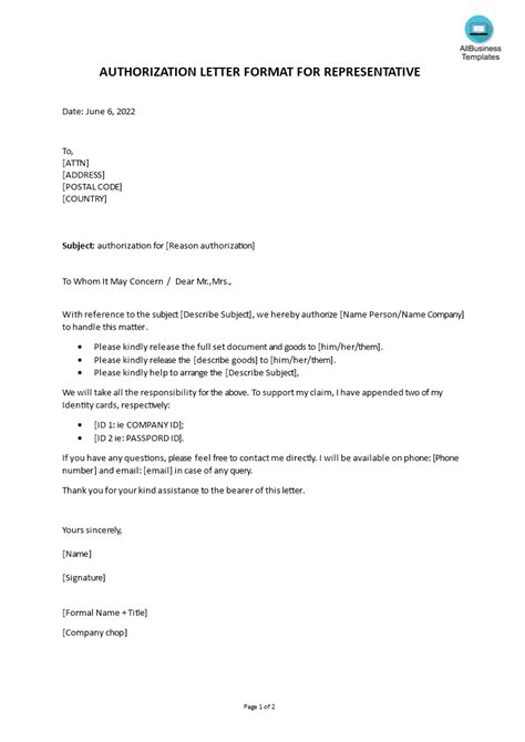 Authorization letter format for representative | Templates at