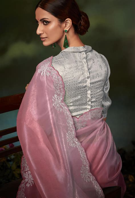 Pure Organza Saree Online With Embroidery Rose Pink Color