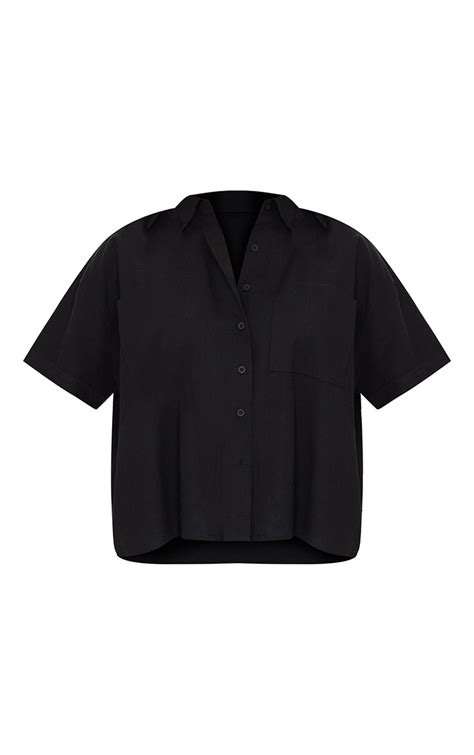 Black Linen Feel Boxy Pocket Short Sleeve Shirt Prettylittlething Ca