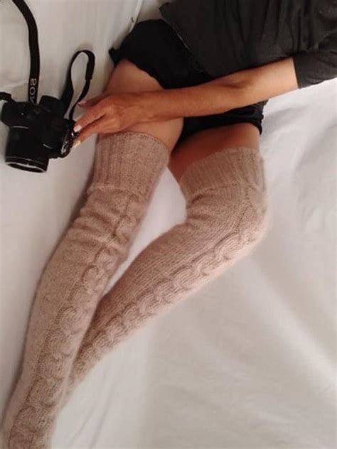 Fuzzy Thigh High Socks Beige Knitted Long Socks Sexy Stockings Plus Size Wool Knee Unisex