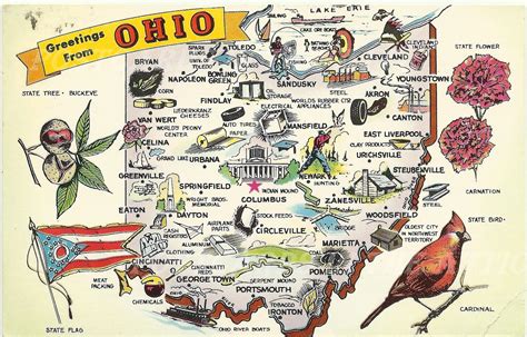Vintage Postcard Map Of Ohio Souvenir 1960s