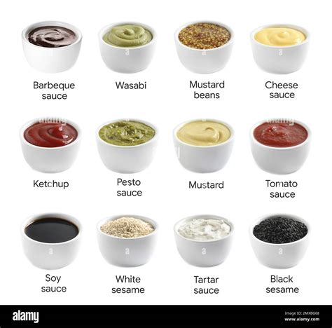 Set Of Different Delicious Sauces And Condiments With Names On White