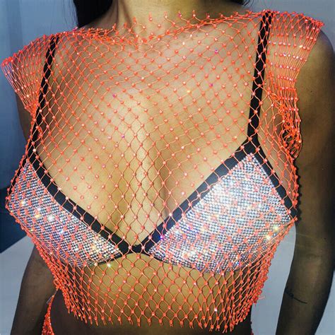 women rhinestones sexy vest mesh crop tops hollow out see through tank