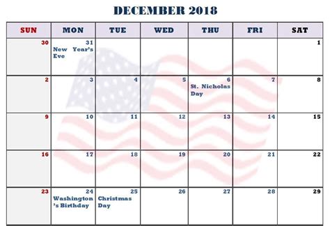 20 December 2018 Calendar With Holidays Free Download Printable