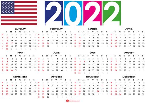 2022 Calendar Usa With Holidays And Weeks Numbers