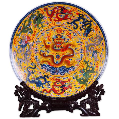 Fengshui Art Ceramic Ornamental Plate Ancient China Nine Dragons