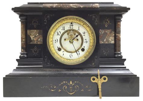 Lot Antique Waterbury Marble Mantle Clock And Key