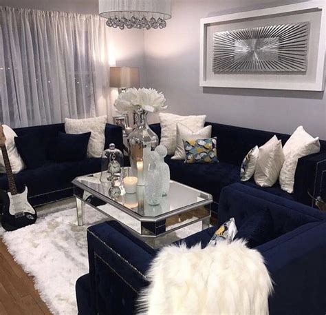 Silver Living Room, Blue Living Room Decor, Glam Living Room, Elegant