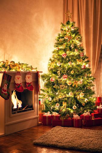 Christmas Tree Near Fireplace Stock Photo Download Image Now Istock