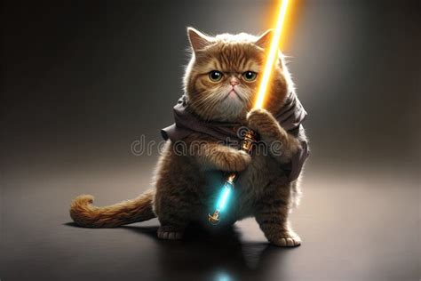 Jedi Cat Holding Light Saber Illustration Generative Ai Stock