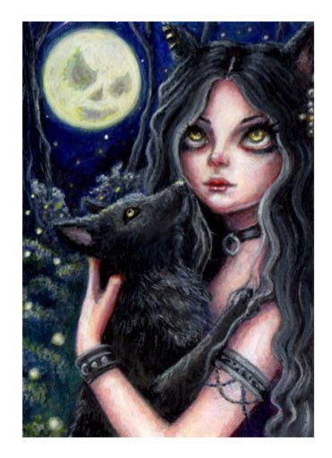 Original Aceo Gothic Wolf Girl Black Fairy Moon Fantasy Art Painting