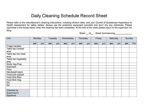 Kitchen Daily Cleaning Schedule Record Sheet Daily Cleaning Schedule