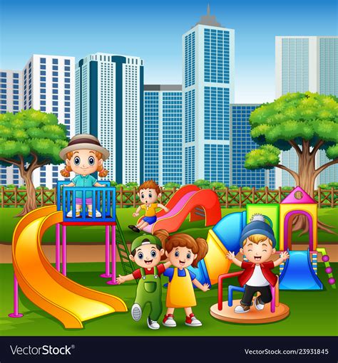 Cartoon Kids Having Fun Together On Playground Vector Image