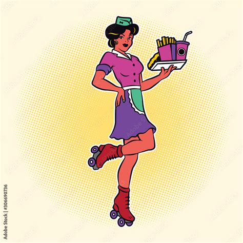 Retro Waitress On Roller Skates Drive In Waitress 50s Diner Waitress Stock Vector Adobe Stock