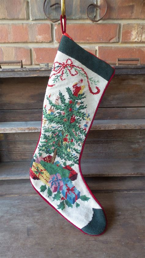 Vintage Needlepoint CHRISTMAS TREE STOCKING, Handmade Needlepoint