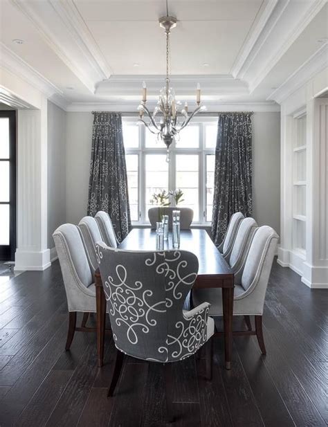 Gray Dining Room With Gray Medallion Curtains Transitional Dining Room