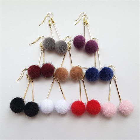 Pom Pom Earrings Drop Earrings Gold Bar Drops Fur Pompoms