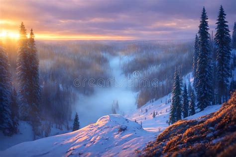 Beautiful Frozen Winter Landscape With Blizzard Fog At Sunset Ai