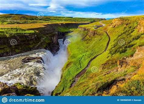 Iceland Gullfoss Waterfall Captivating Scene With Rainbow Of Gullfoss