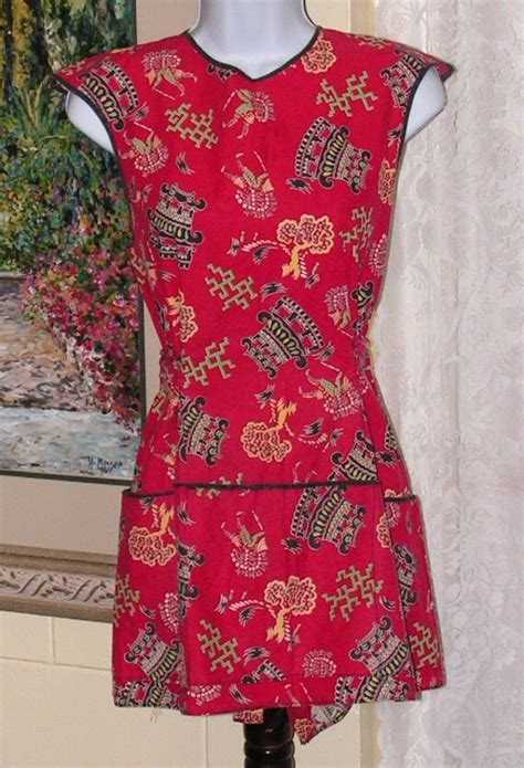 Vintage Tunic Apron Red Oriental Pattern Pockets Sash By Remtique