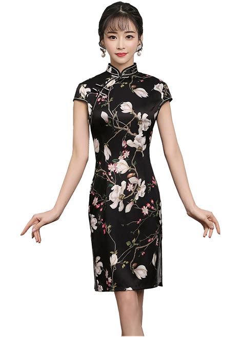 Shanghai Story Chinese Style Dress Summer Qipao Chinese Traditional Dress Short Sleeve Black