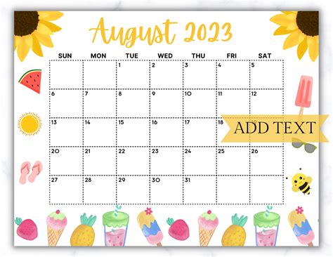 Editable August 2023 Calendar Printable Calendar 2023 School Etsy Uk