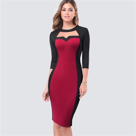 Casual Patchwork Work Office Lady Dress Elegant Sheath Bodycon Sexy Cut Out Business Career