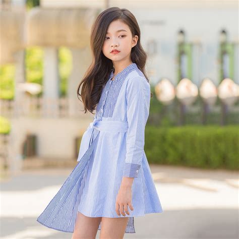 Dress For Girl Long Sleeve Striped Asymmetrical Teenage Girls Clothing